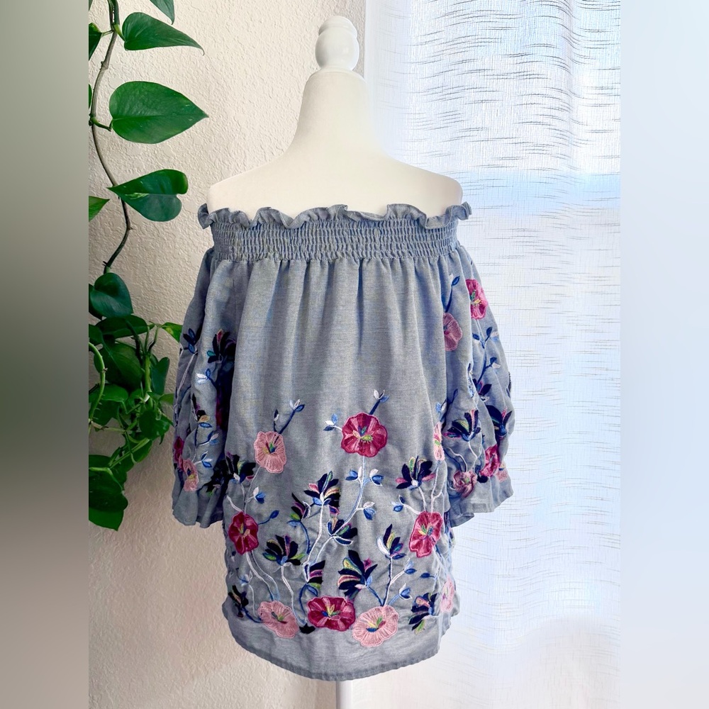 Ana & Rose Floral Embroidered Denim Look Off-Shoulder Top - Picture 2 of 8